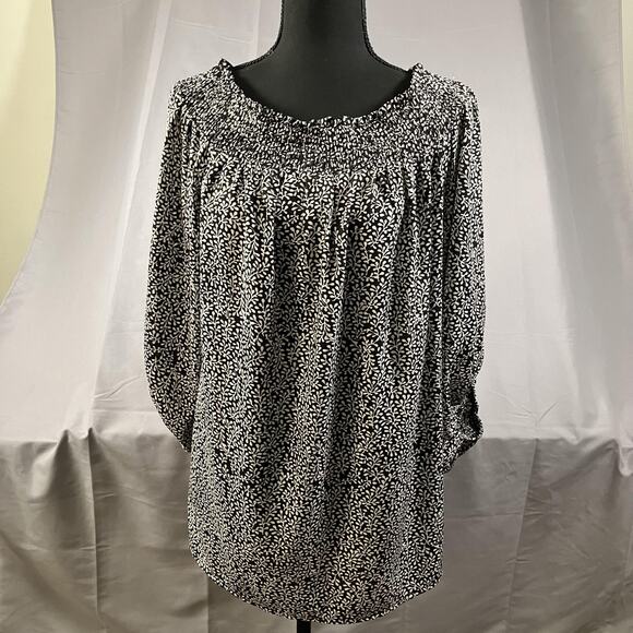 Unbranded Tops - Black White Floral Blouse Womens XL Smocked Neck 3/4 Sleeve Pullover Top Casual